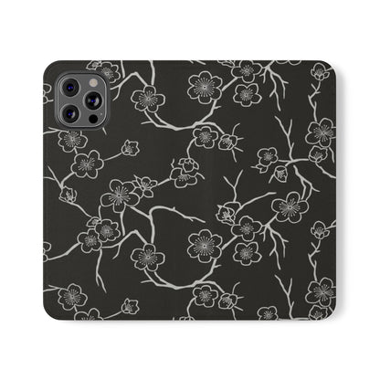 Black Cherry Blossom Flip Phone Case – Floral Wallet Flip Case with Card Slots