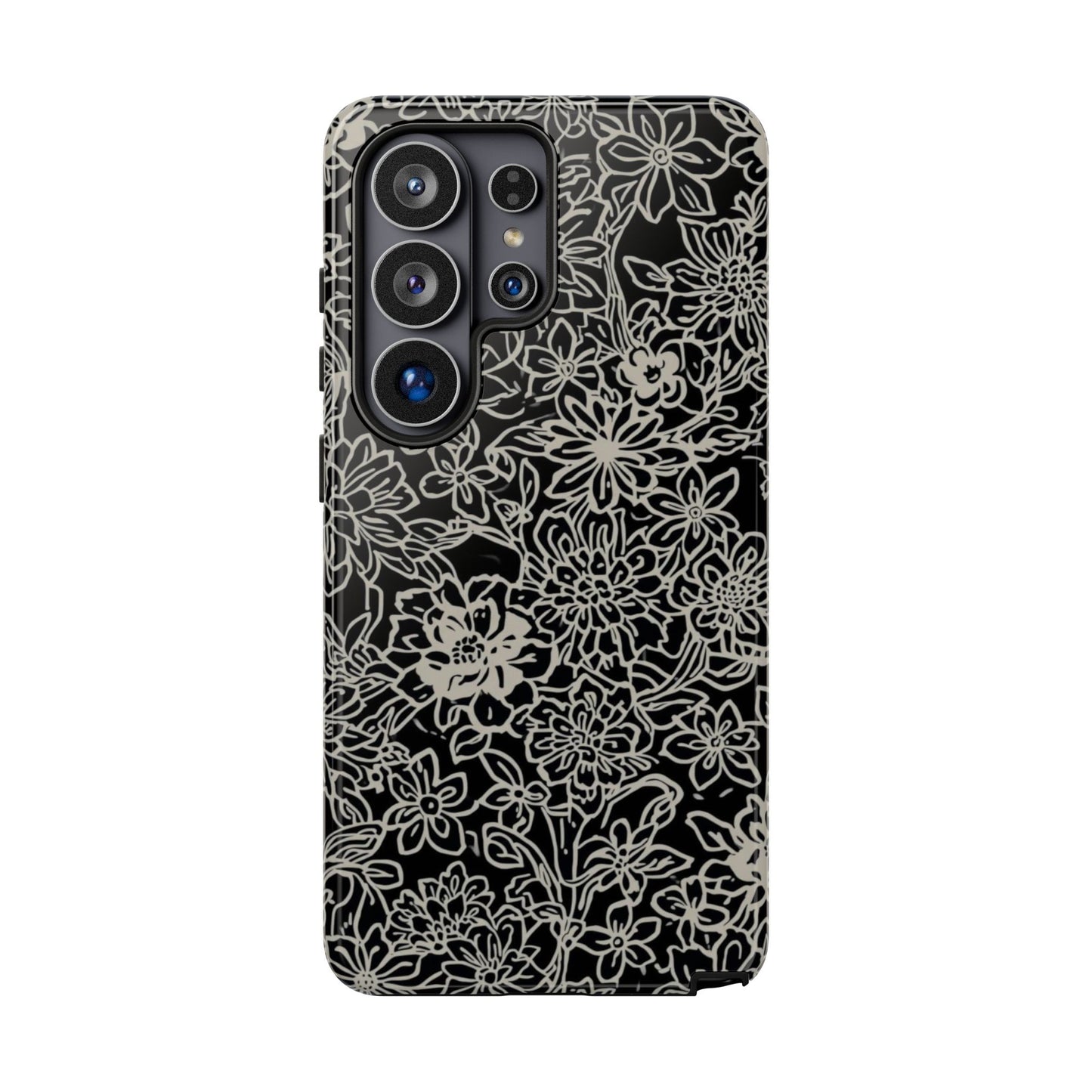 Floral Doodle Tough Phone Case — Black & White Sketch Flower Protective Cover