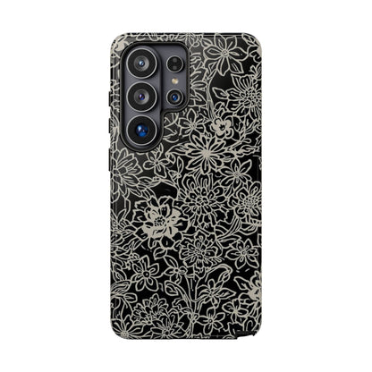 Floral Doodle Tough Phone Case — Black & White Sketch Flower Protective Cover