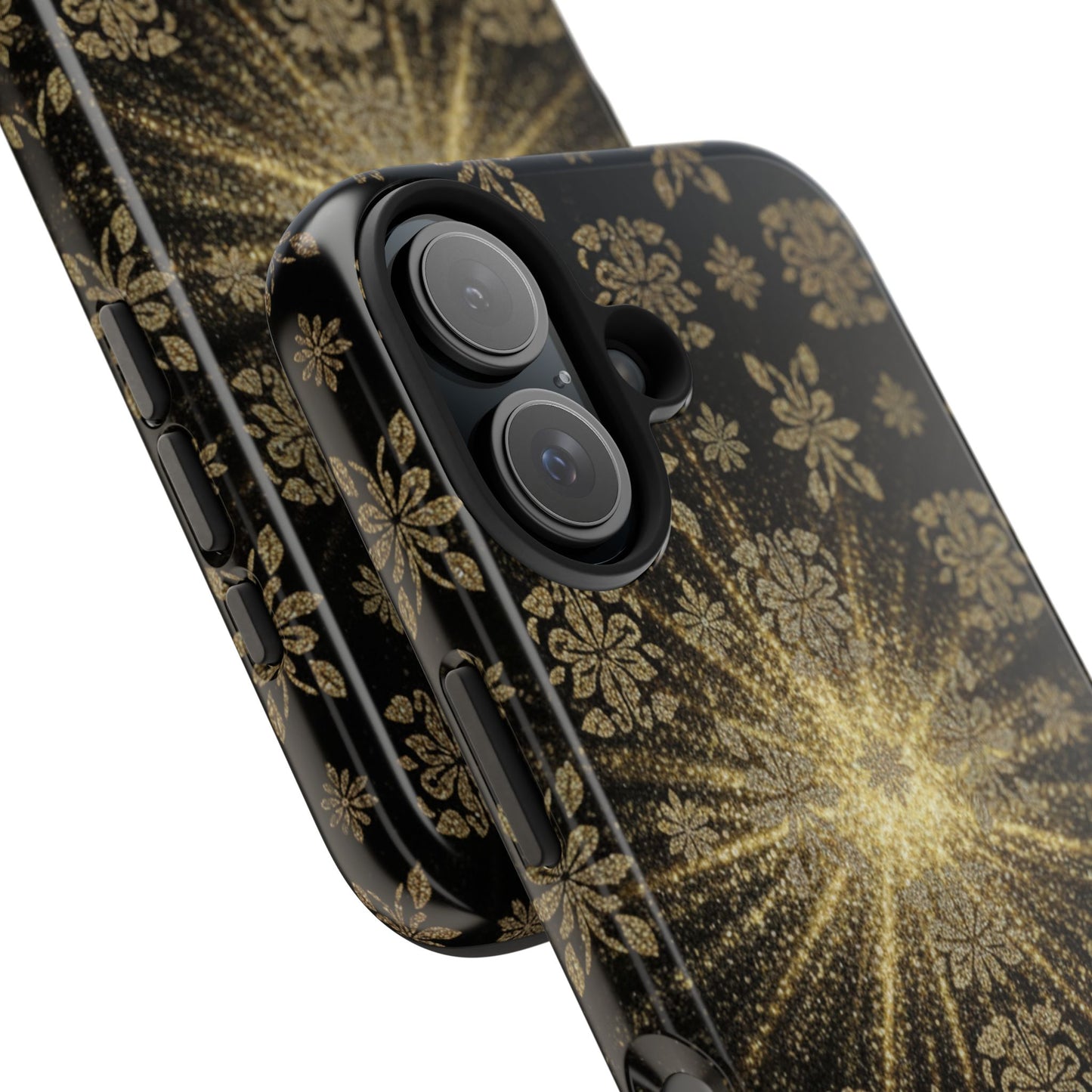 Glitter Burst Tough Phone Case — Black & Gold Floral Protective Cover