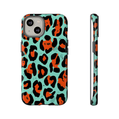 Leopard Print Tough Phone Case — Teal & Rust Protective iPhone Cover
