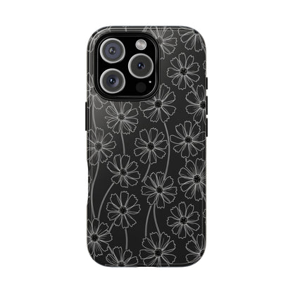 Floral Doodle Tough Phone Case — Black & Gray Daisy Pattern