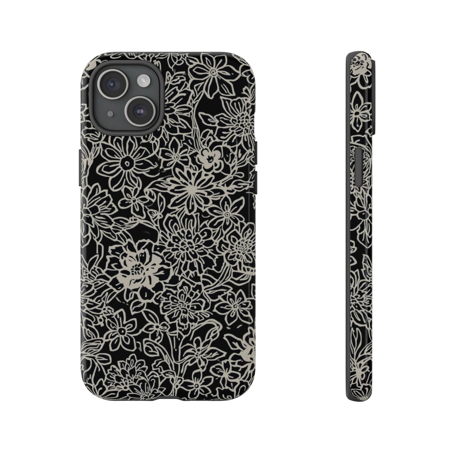 Floral Doodle Tough Phone Case — Black & White Sketch Flower Protective Cover