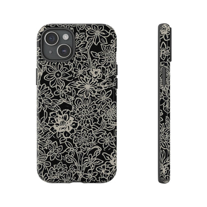 Floral Doodle Tough Phone Case — Black & White Sketch Flower Protective Cover
