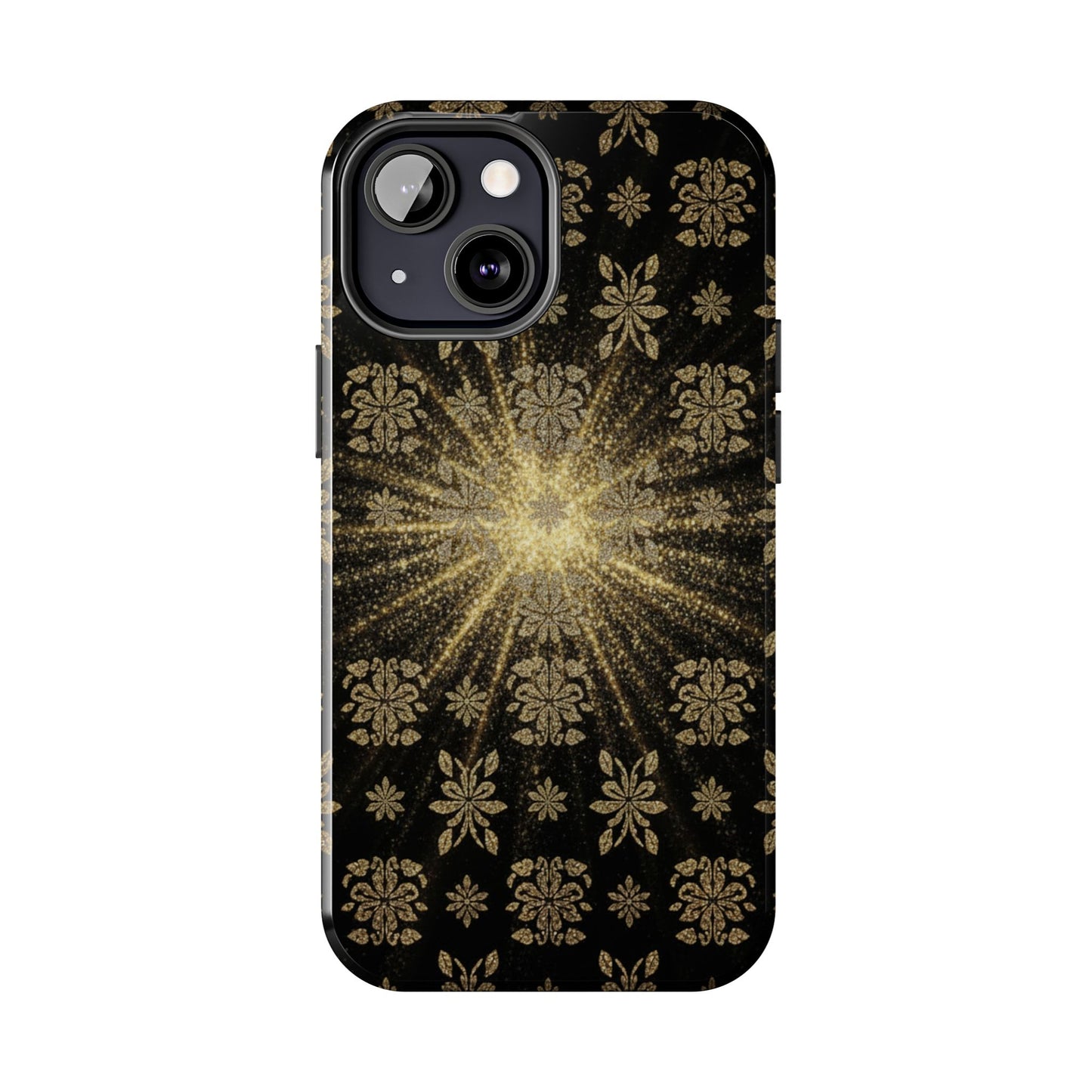Glitter Burst Tough Phone Case — Black & Gold Floral Protective Cover