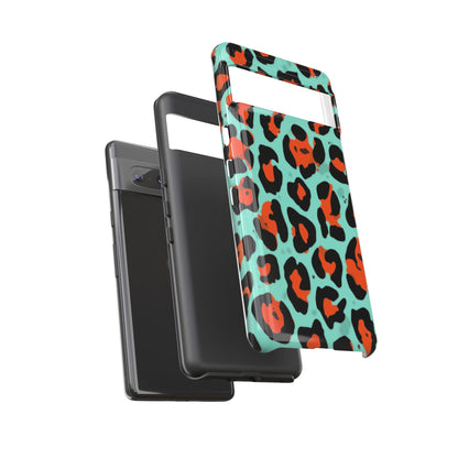 Leopard Print Tough Phone Case — Teal & Rust Protective iPhone Cover