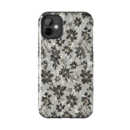 Floral Vintage Tough Phone Case — Black & Gray Rustic Flower Protective Case