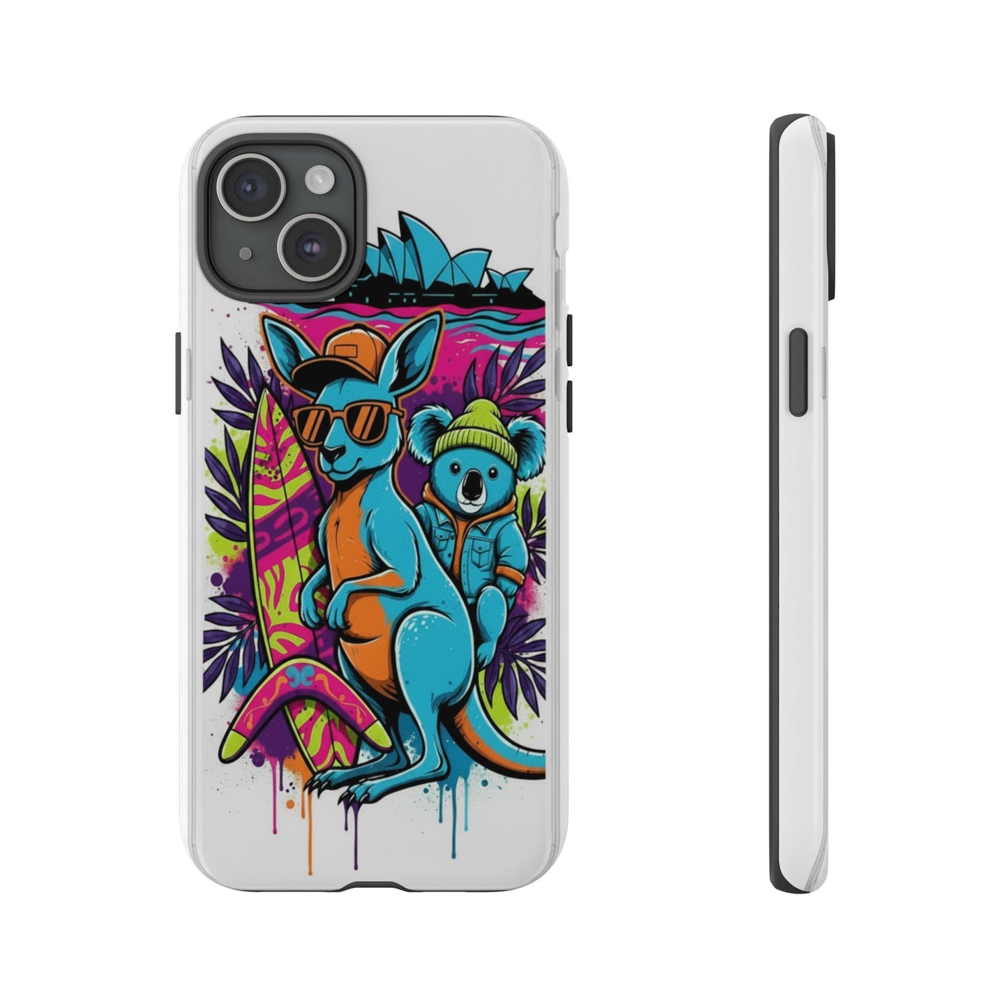 Kangaroo & Koala Surf Phone Case — Retro Neon Beach Art Tough Case