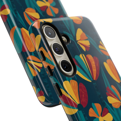 Floral Retro Teal Tough Phone Case — Vibrant Orange & Mustard Blooms