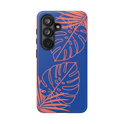 Tropical Monstera Phone Case — Blue & Coral Leaf Protective Cover