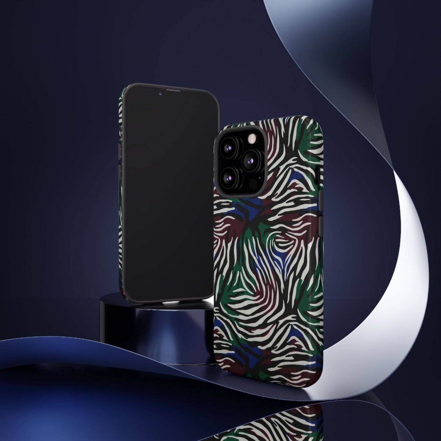 Zebra Camo Tough Phone Case – Green & Blue Animal Print Protective Cover