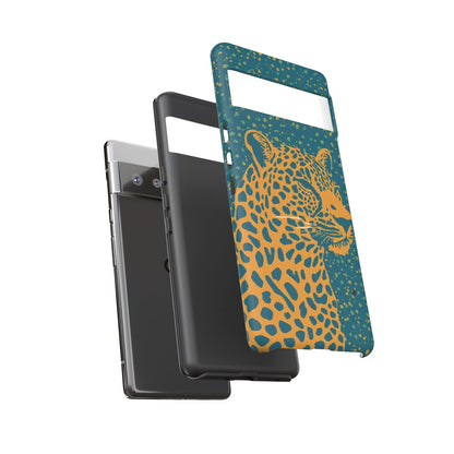 Leopard Print Tough Phone Case — Gold Panther on Teal, Protective iPhone Cover