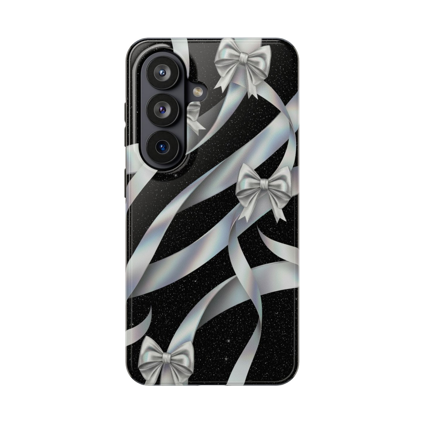 Silver Ribbon Bow Tough Phone Case — Glitter Black Protective Phone Case