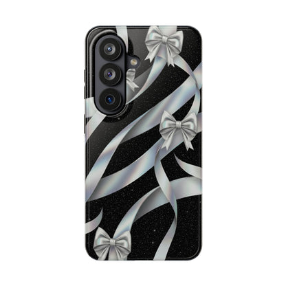 Silver Ribbon Bow Tough Phone Case — Glitter Black Protective Phone Case