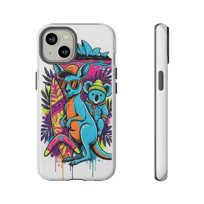 Kangaroo & Koala Surf Phone Case — Retro Neon Beach Art Tough Case