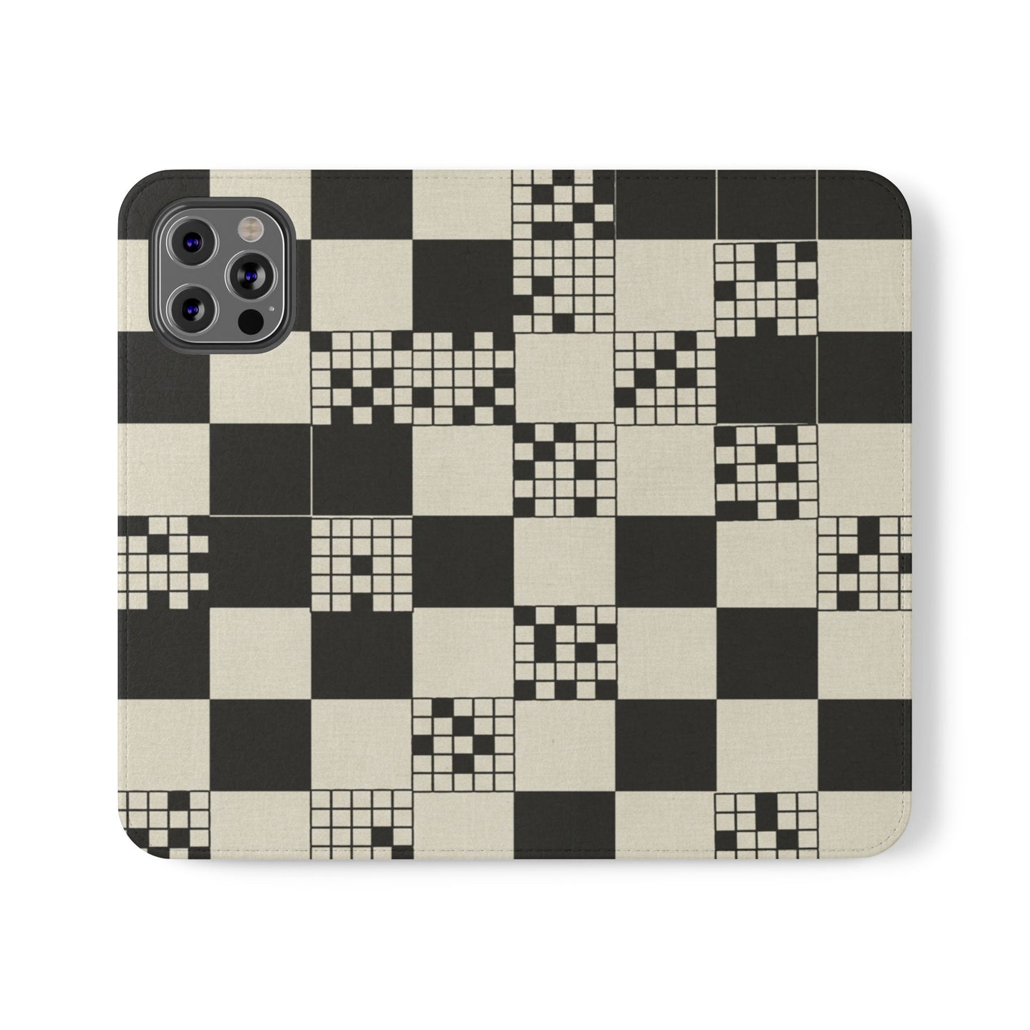 Checkerboard Flip Phone Case – Retro Black & Cream Geometric Wallet Case