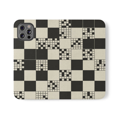 Checkerboard Flip Phone Case – Retro Black & Cream Geometric Wallet Case