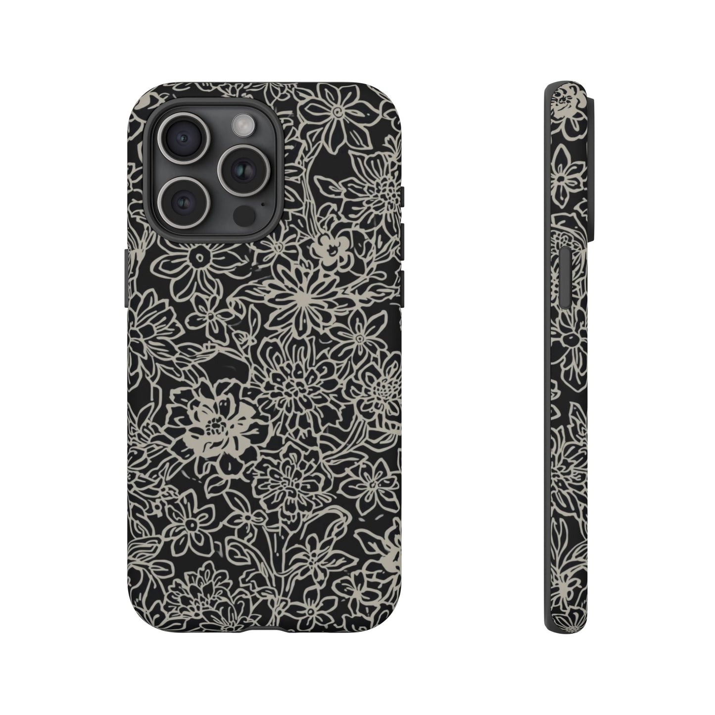 Floral Doodle Tough Phone Case — Black & White Sketch Flower Protective Cover