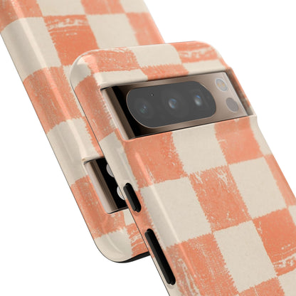 Peach Checkerboard Tough Phone Case — Retro Distressed Grid Design
