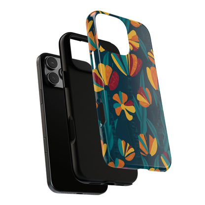 Floral Retro Teal Tough Phone Case — Vibrant Orange & Mustard Blooms