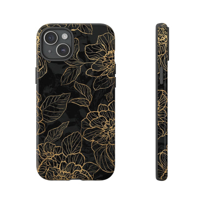 Floral Gold Outline Tough Phone Case – Black Botanical Protective Cover