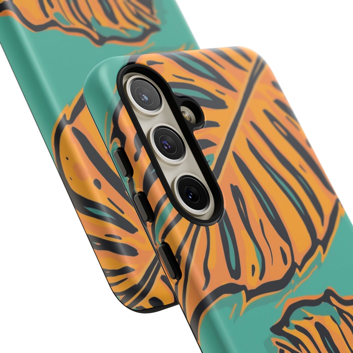 Tropical Leaf Tough Phone Case — Orange Monstera Design on Teal