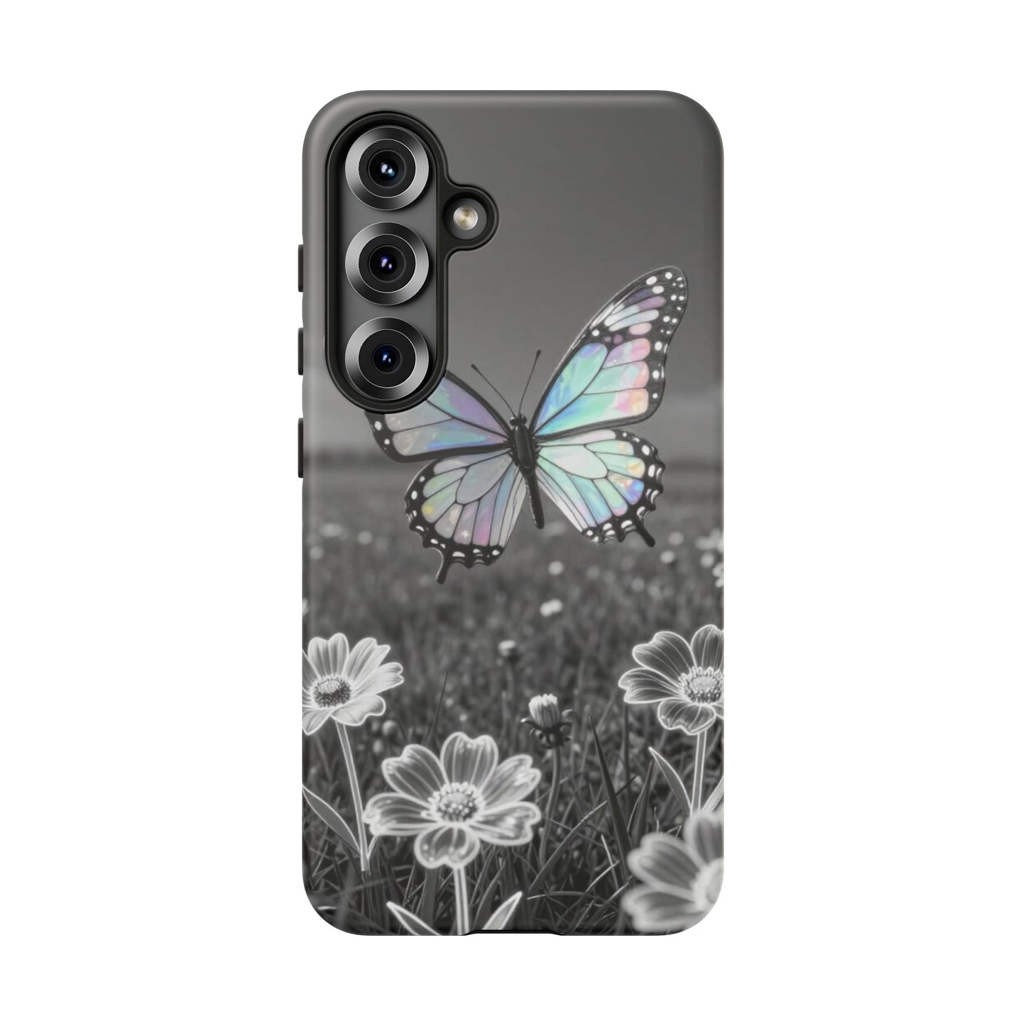 Butterfly Field Tough Phone Case — Pastel Holographic Butterfly on Black & White Floral Background