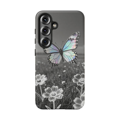 Butterfly Field Tough Phone Case — Pastel Holographic Butterfly on Black & White Floral Background