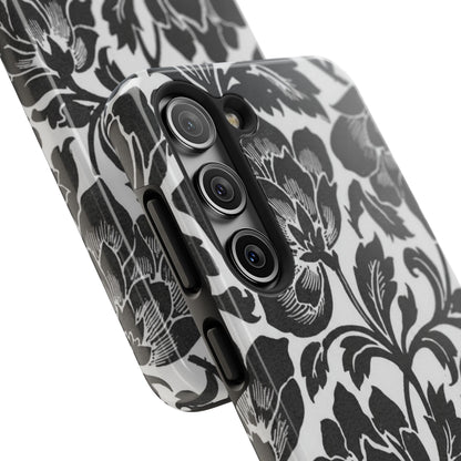 Tough Phone Case — Black & White Vintage Floral Protective Cover