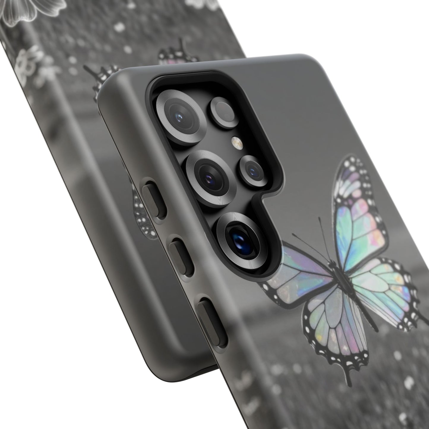 Butterfly Field Tough Phone Case — Pastel Holographic Butterfly on Black & White Floral Background