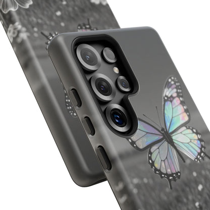 Butterfly Field Tough Phone Case — Pastel Holographic Butterfly on Black & White Floral Background