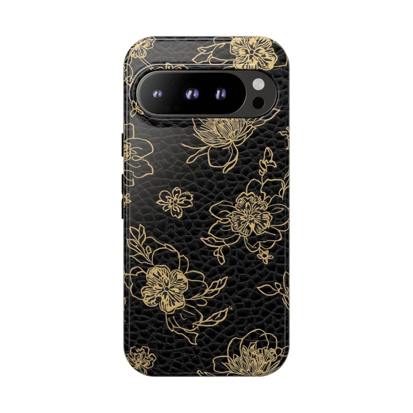 Floral Leather Phone Case — Gold Outline Flowers on Black Tough Case
