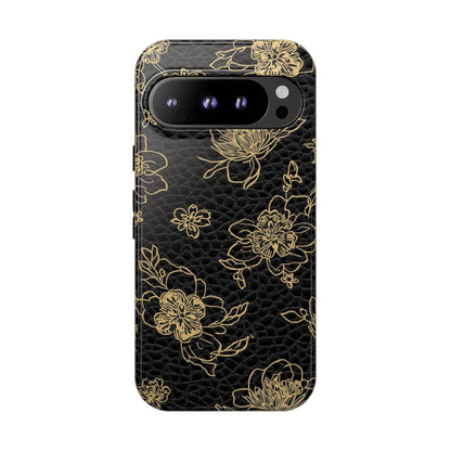 Floral Leather Phone Case — Gold Outline Flowers on Black Tough Case