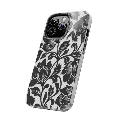 Tough Phone Case — Black & White Vintage Floral Protective Cover