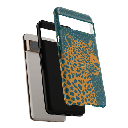 Leopard Print Tough Phone Case — Gold Panther on Teal, Protective iPhone Cover