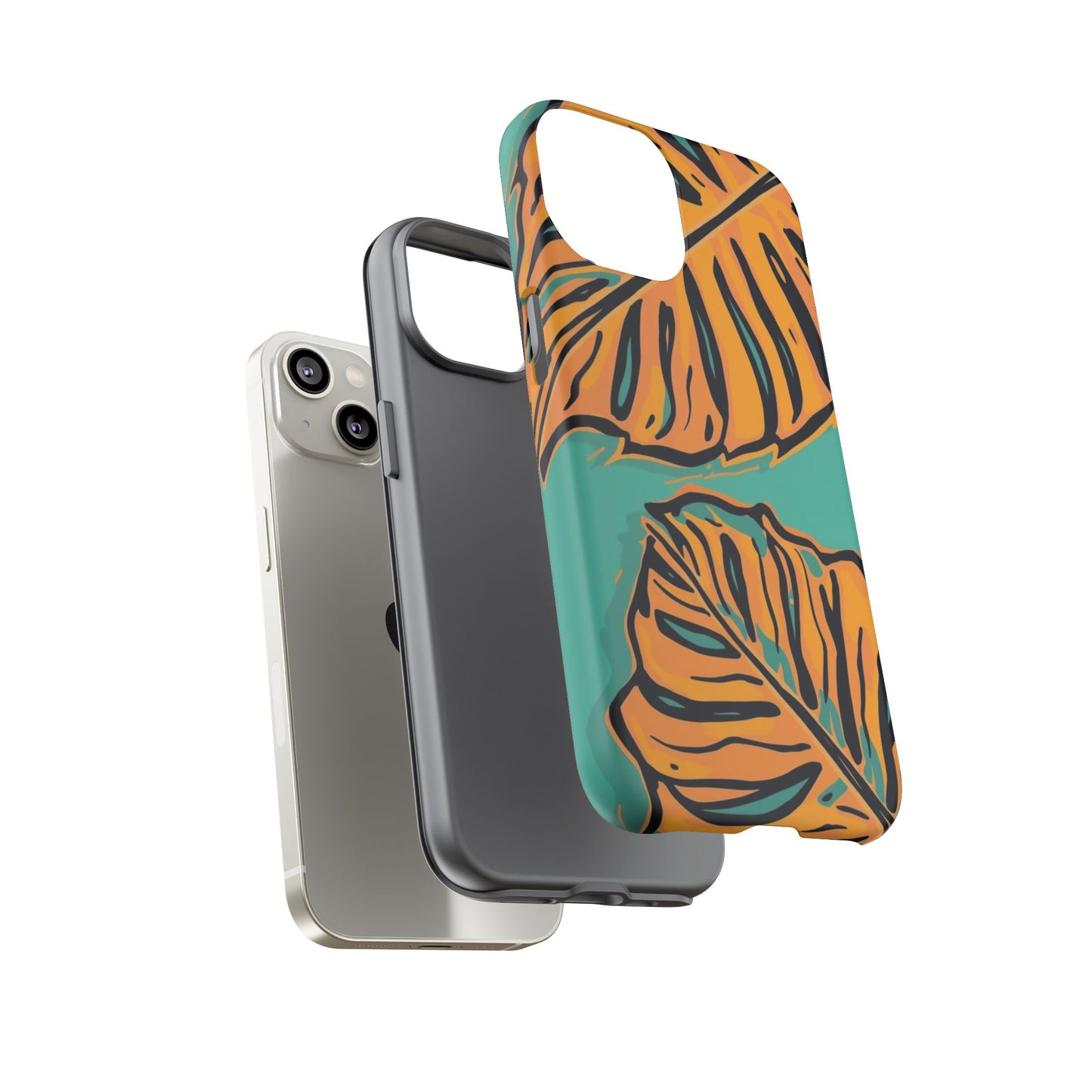 Tropical Leaf Tough Phone Case — Orange Monstera Design on Teal