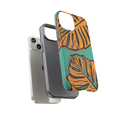 Tropical Leaf Tough Phone Case — Orange Monstera Design on Teal