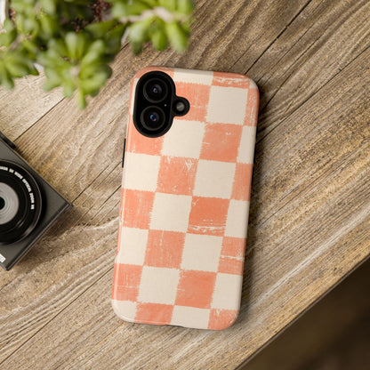 Peach Checkerboard Tough Phone Case — Retro Distressed Grid Design