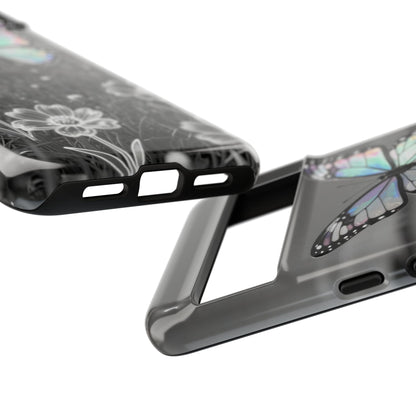 Butterfly Field Tough Phone Case — Pastel Holographic Butterfly on Black & White Floral Background