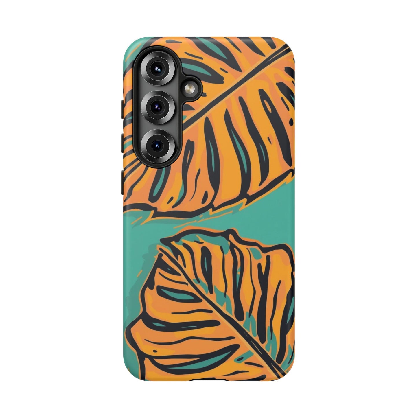 Tropical Leaf Tough Phone Case — Orange Monstera Design on Teal