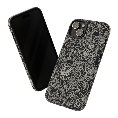 Floral Doodle Tough Phone Case — Black & White Sketch Flower Protective Cover