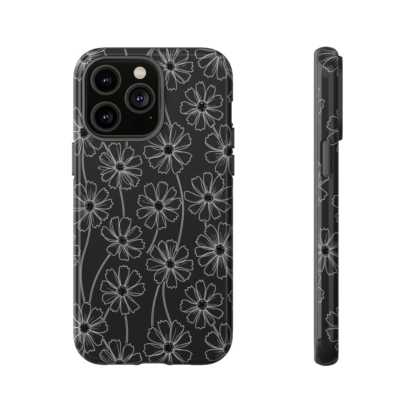 Floral Doodle Tough Phone Case — Black & Gray Daisy Pattern