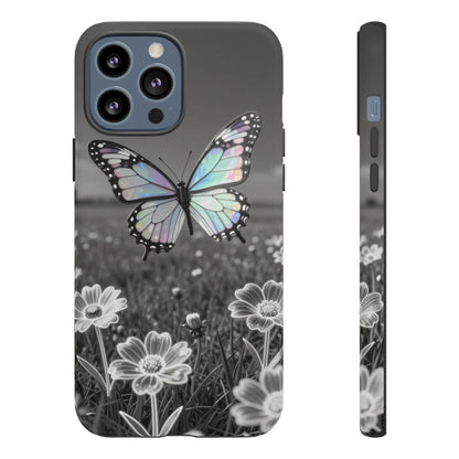 Butterfly Field Tough Phone Case — Pastel Holographic Butterfly on Black & White Floral Background