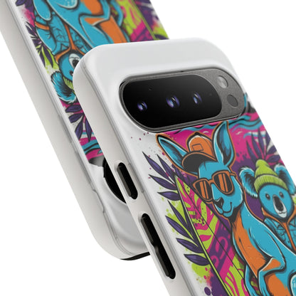 Kangaroo & Koala Surf Phone Case — Retro Neon Beach Art Tough Case