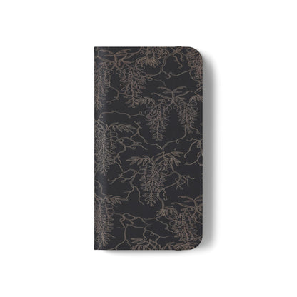 Botanical Noir Flip Phone Case — Dark Floral Wallet Cover with Card Slots