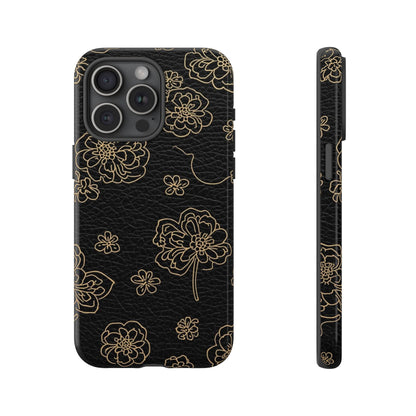 Floral Leather-Texture Tough Case – Black Gold Outline Phone Cover