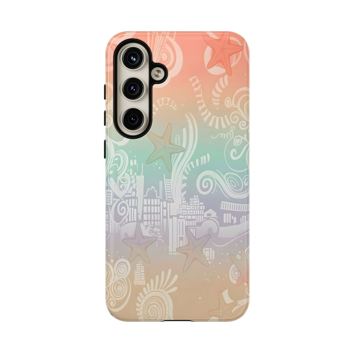Tough Cases: Pastel Beach Pattern Phone Case — Starfish & Coastal Cityscape Protective Cover