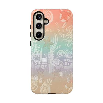Tough Cases: Pastel Beach Pattern Phone Case — Starfish & Coastal Cityscape Protective Cover