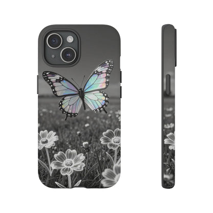 Butterfly Field Tough Phone Case — Pastel Holographic Butterfly on Black & White Floral Background
