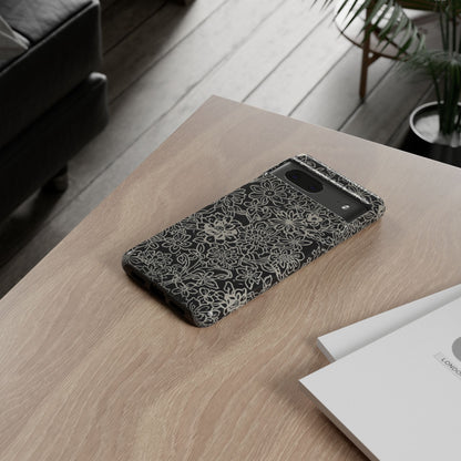 Floral Doodle Tough Phone Case — Black & White Sketch Flower Protective Cover